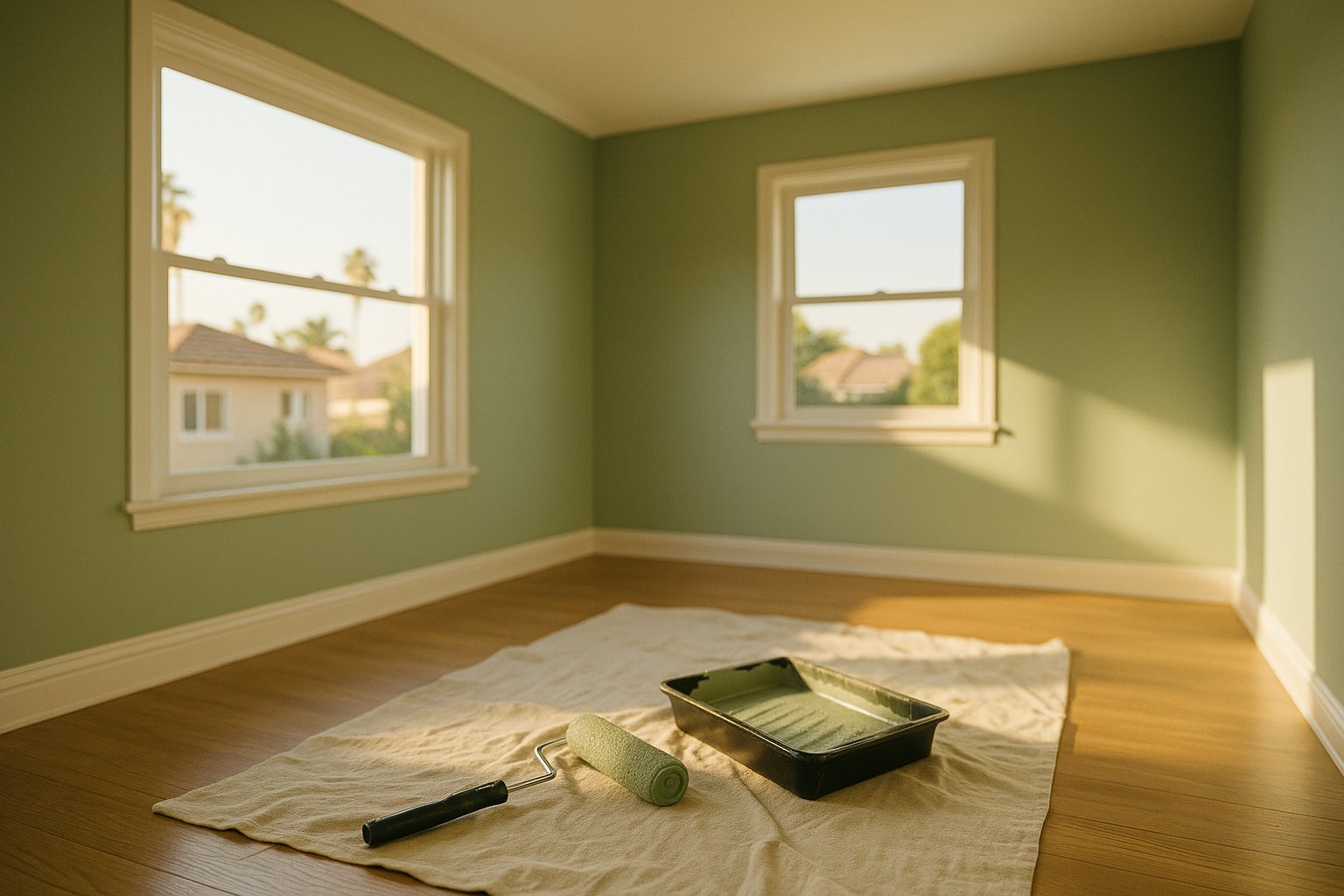 Professional painter rolling fresh sage green paint with crisp lines β FreshCoat