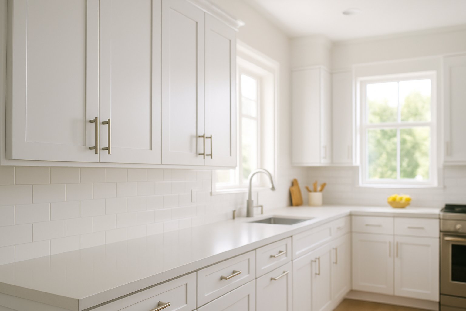 Freshly painted white kitchen cabinets