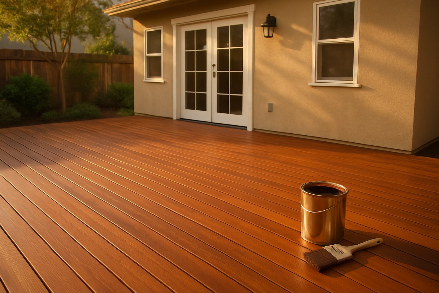 Wood deck staining in a backyard